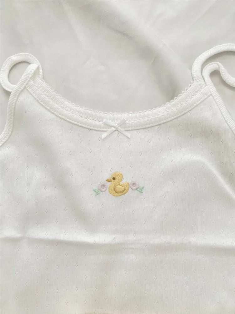 Yellow Duck Shorts 2 Pieces Set Women Bow Slim Eyelet Tank Top+Waffle Drawstring Straight Short Pant Outfit Sweet Cute Suit Sets