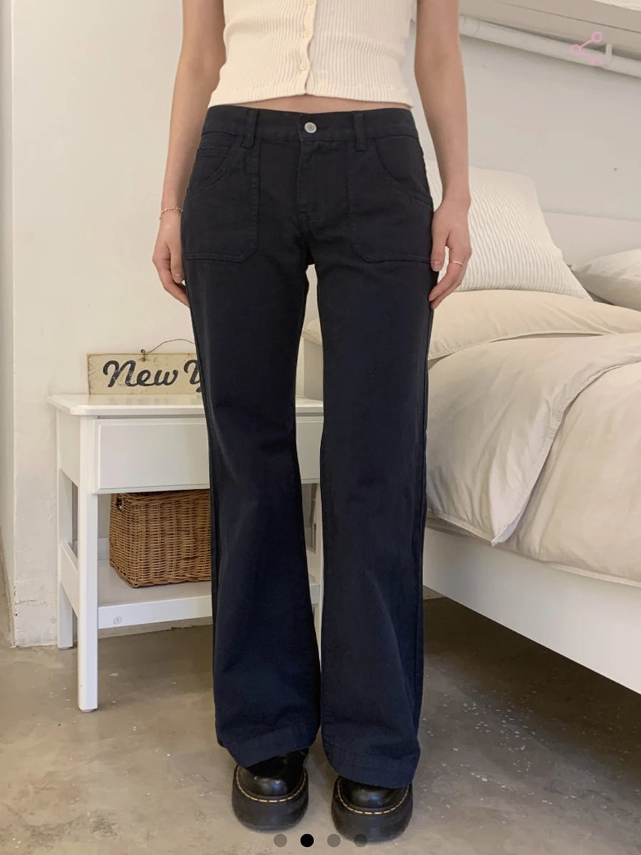 Vintage Buttons Loose Pants Women Summer Casual Low Waist Pockets Straight Long Pant Baggy Streetwear Preppy Style Trousers Y2K
