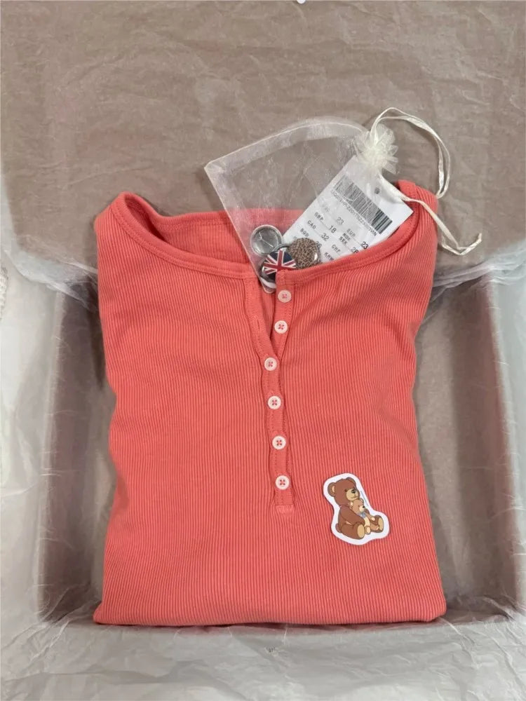 Orange Ribbed Long Sleeve Tees Women Autumn Cotton Button Patchwork Slim Zelly Tops Preppy Style Sweet Tees