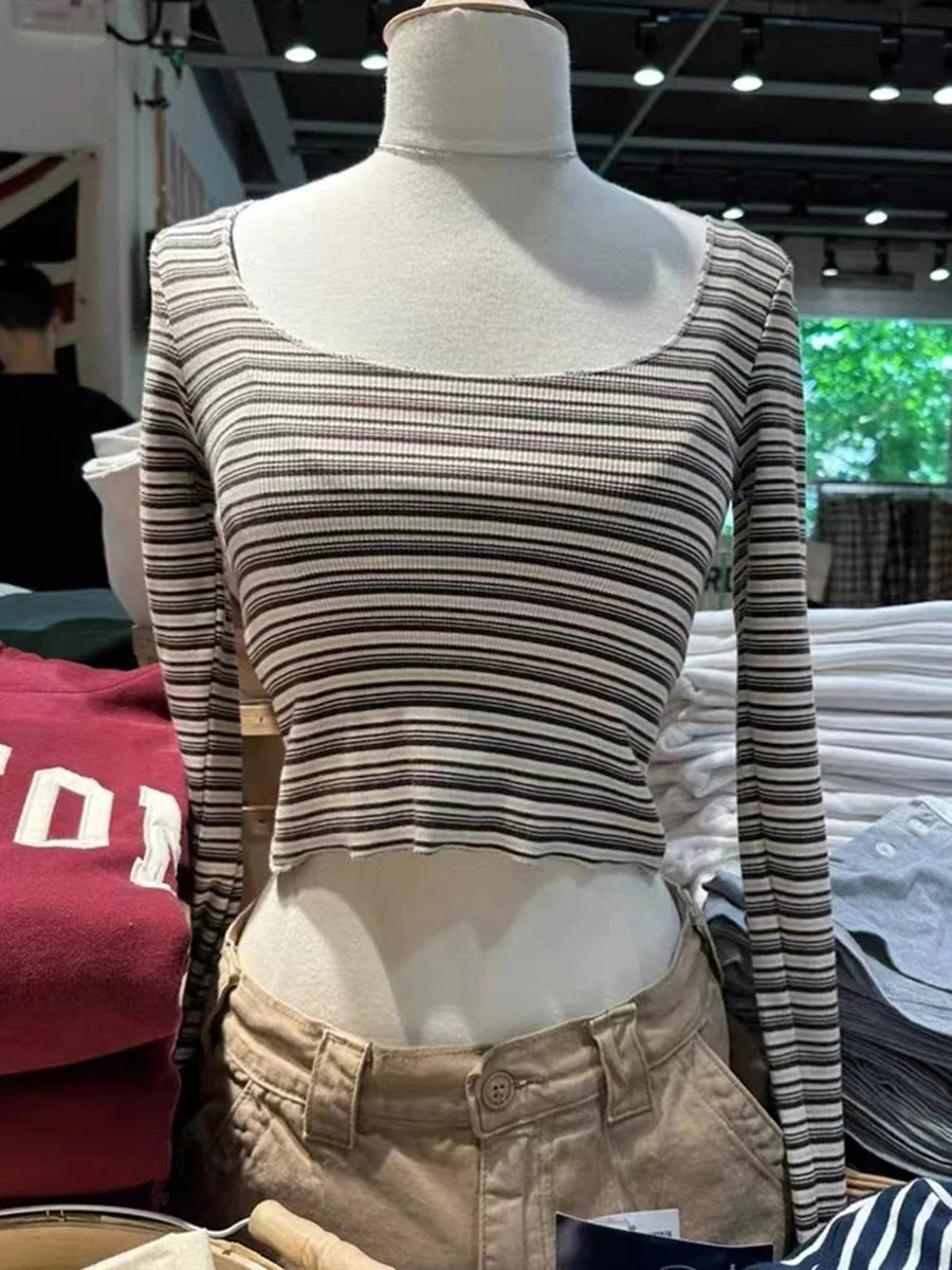 Striped Slim Sexy Cotton Long Sleeve Tees Women Casual Square Neck Streetwear Tops Female Vintage Chic Sweet Cute T-shirts Y2K