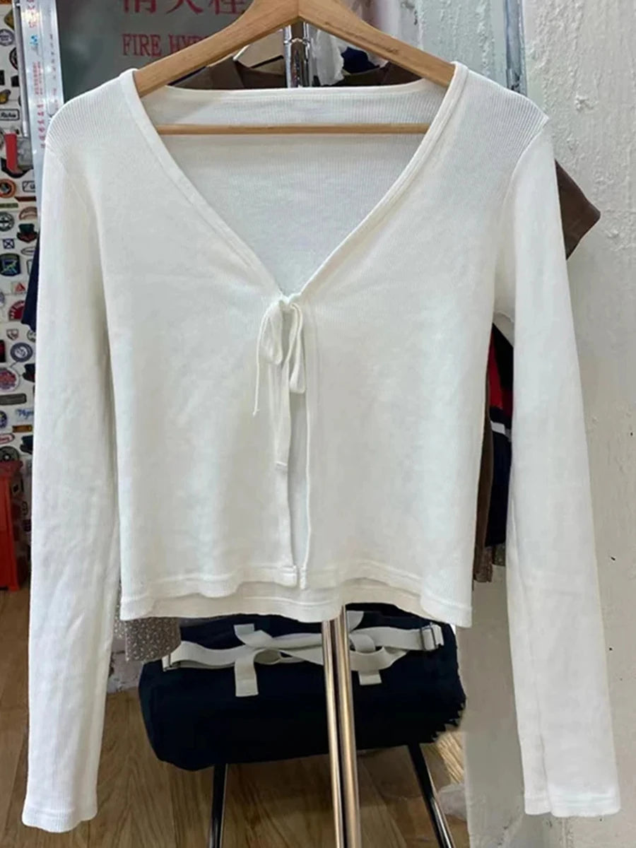 Sweet Slim Cotton Knitted Cardigan Tops Women Autumn New Cotton Solid Harajuku Long Sleeve Tee Vintage Chic Y2K Lace-up T-shirts