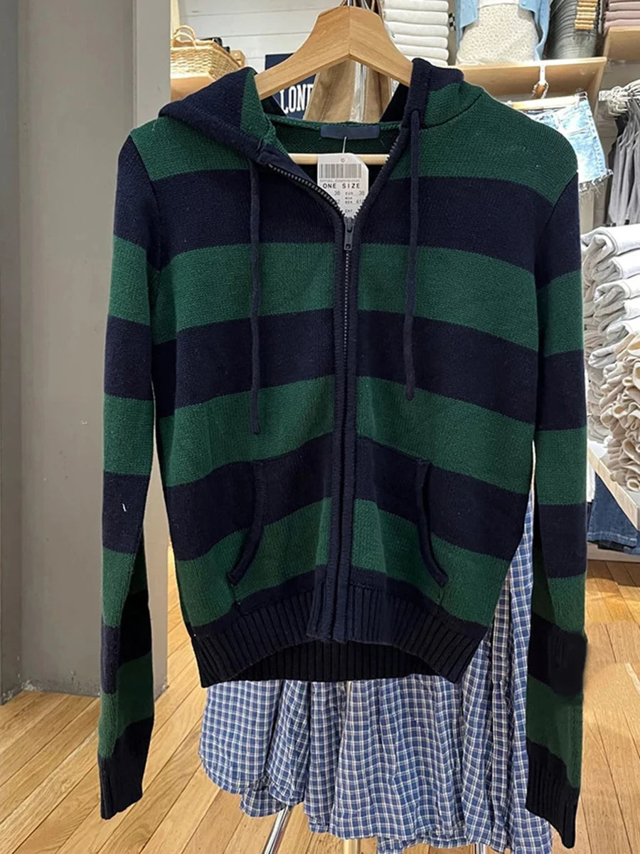 Striped Pockets Knitted Hooded Sweater Women Autumn Fashion Cotton Retro Crop Pullover Tops Vintage Chic Sweet Cardigan Jumper