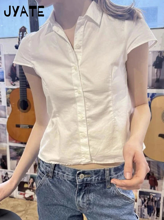 White Back Lace-up Blouse T-shirts Women Summer Casual Preppy Peter Pan Collar Short Sleeve Tees Cute Sweet Slim Y2K Crop Tops