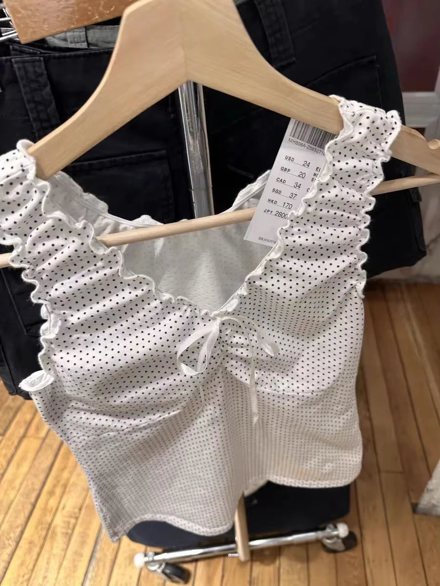 Sweet Polka Dot White Tank Top Woman Summer Folds Bow V-neck Cotton Slim Camisole Cute Vintage All-match Crop Top Y2K Vest New