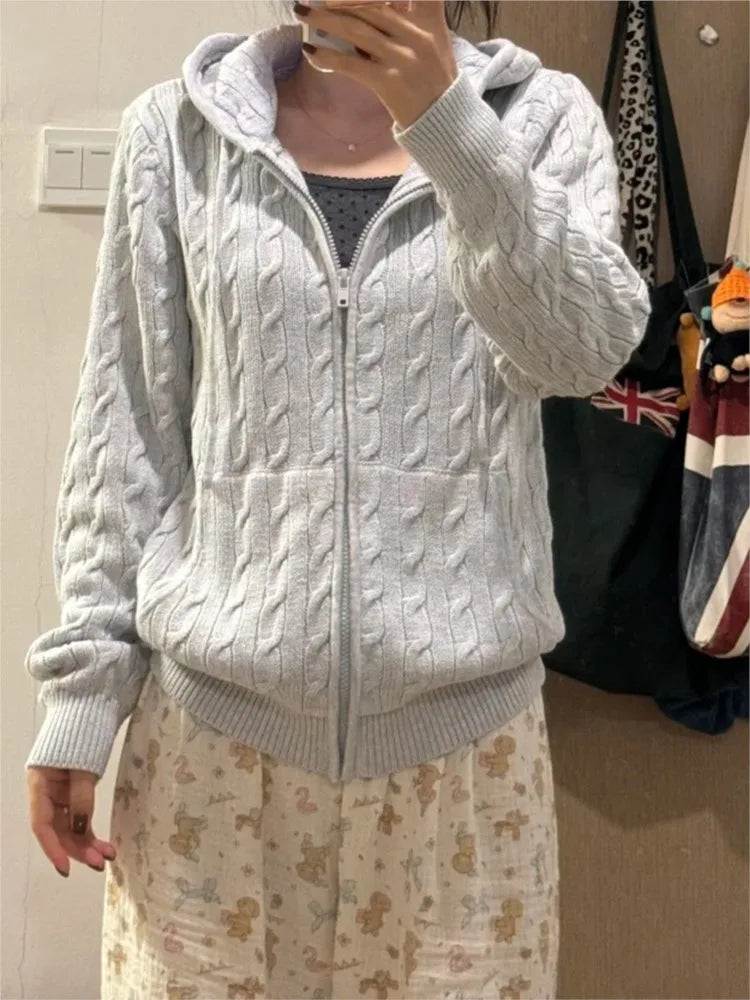 Gray Twisted Flower Hooded Zipper Coat Women Fall Winter Long Sleeve Pocket Knit Knitwear Sweet Preppy Style Cardigan Sweater