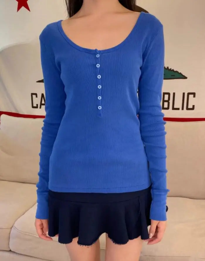 Simple White Ribbed Slim Long Sleeve T-shirts Women Autumn Six Buttons O-Neck Cotton Tshirts Tops  All-match Tees Shirt Clothes