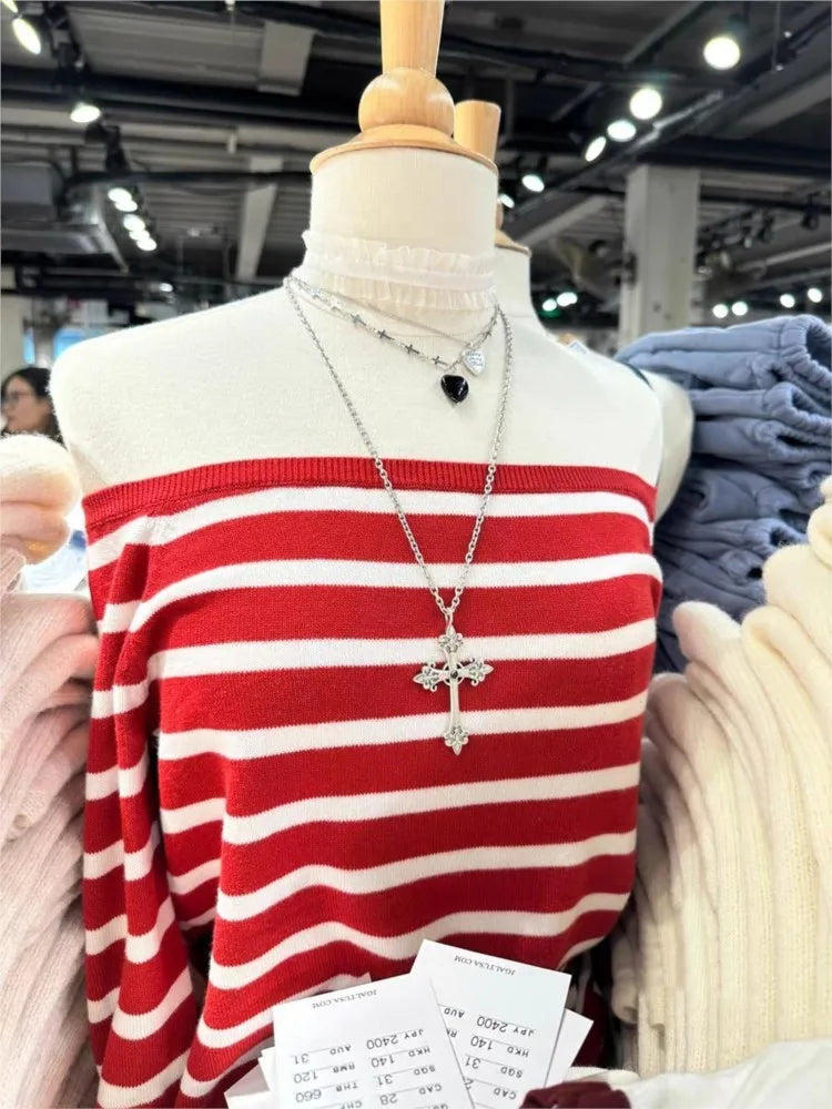 Red Striped Knit Sweater Women Autumn Streetwear Slash Neck Long Sleeve Pullovers Preppy Style New Sweet Casual Chic Jumpers Y2K