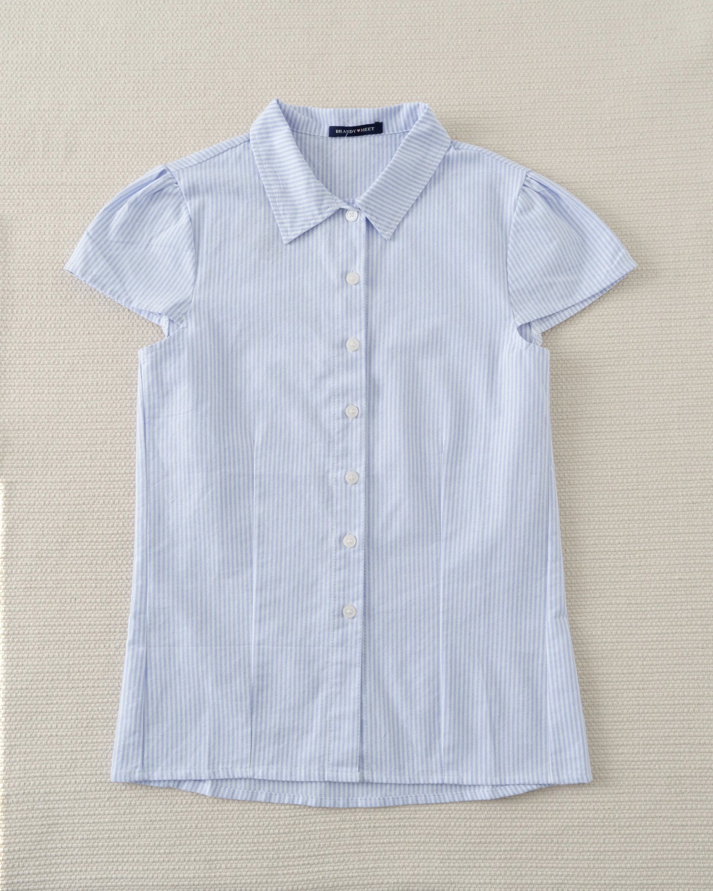 Blue Striped Blouse T-shirt Short Set Women Summer Buttons Slim Tees+Straight Sweatshorts Outfits Sweet Home Pajama 2 Piece Sets
