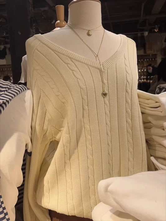 Women V-neck Knitted Sweater Casual Autumn Winter Cotton Warm Loose Twisted Flower Pullover Tops Harajuku Solid Vintage Jumper