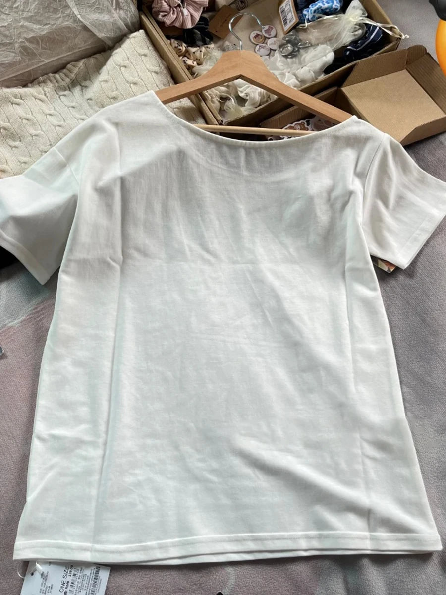 Letter Star Print Slash Neck T-shirts Women Summer New Sexy Cotton Slim Short Sleeve Tee Cute Sweet Preppy Style Tshirt Y2K Tops