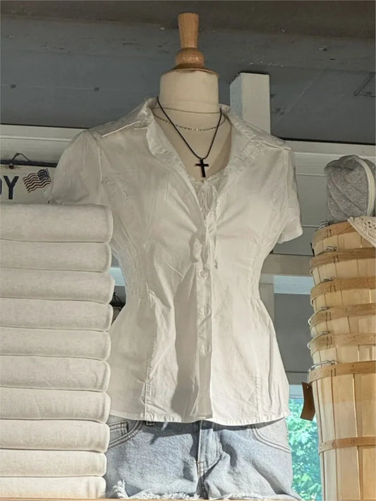 White Elastic Waist Slim T-shirt Blouse Woman Summer Turn Down Collar Short Sleeve Shirts Female Casual Simple Preppy Style Tees