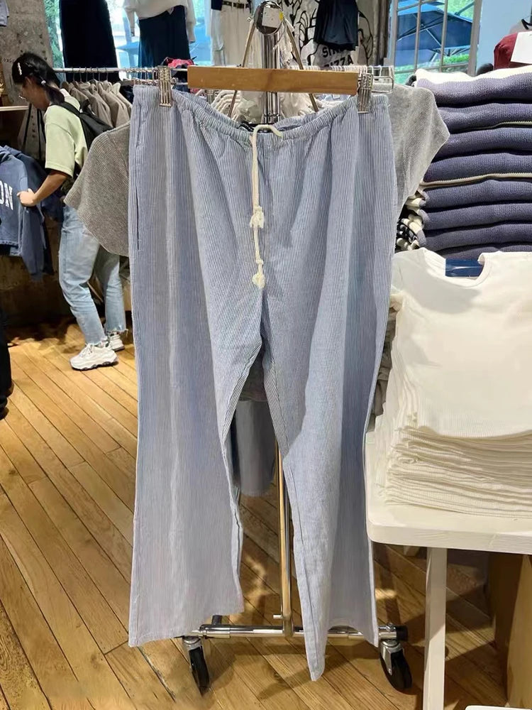 New Pink Striped Drawstring Long Pants Women Cotton Casual High Waist Simple Wide Leg Pant Vintage Loose Streetwear Chic Trouser