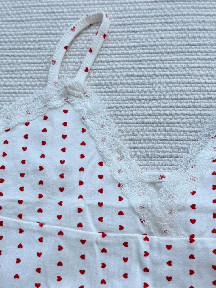 Red Heart Print 2 piece Sets Women Summer Cotton Lace Trim V-neck Camisole+Short Pants Sweet Home Short Outfits Y2K Clothes New