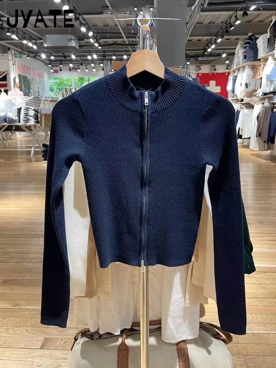 Sweet Slim Knitted Crop Tops Women Casual Cotton Soft O-neck Double Zipped Jumpers Coat Vintage Chic Basic Y2K Cardigan Sweaters