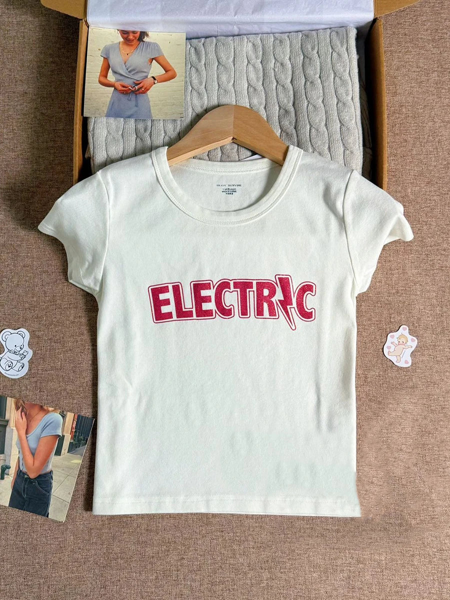 Y2k Graphic Print Slim Crop Tops Women Streetwear O-neck Short Sleeve Cotton Tees Female Summer Vintage Preppy Style Tshirt