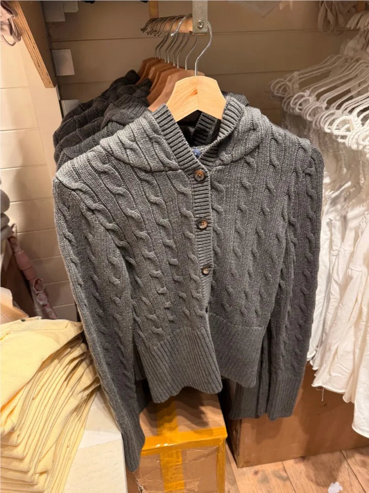 Gray Twist Flower Sweater Cardigan Women Autumn Buttons Slim Hooded Long Sleeve Knitted Hoodie Sweet Cute Preppy Style Sweaters