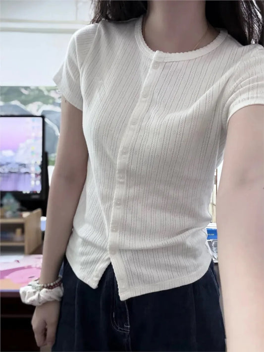 White Eyelet Button T-shirts Women New Casual Streetwear Cotton Lace Trim O-neck Short Sleeve Tees Sweet Simple All-match Tshirt