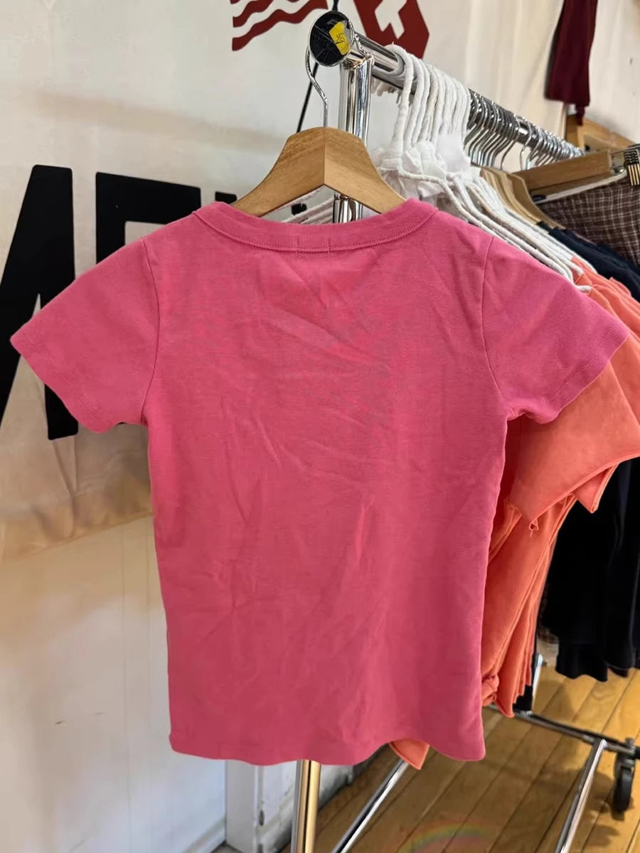 Rose Red Round Neck T-shirt Women Summer Simple Basic Slim Short Sleeve Cotton Classic Tees Female Streetwear Y2K Sweet Crop Top