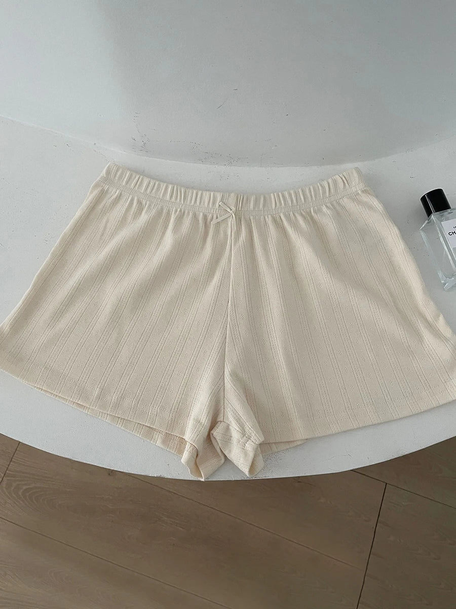 Sweet Eyelet Straight Bow Sweatshorts Women Summer New Elastic Waist Cotton Short Pant Casual Solid Basic Home Pajama Shorts Y2K
