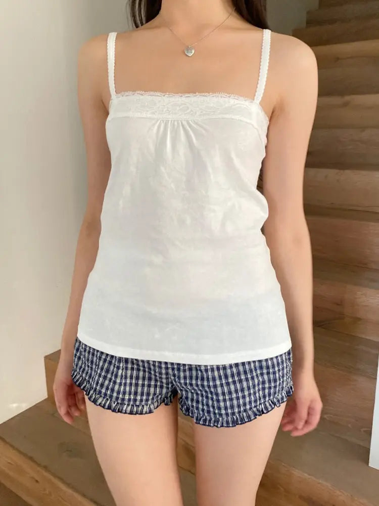 Lace Trim Four Buttons Slim Tank Top Woman Summer V-neck Sleeveless Cotton White Simple Vest Vintage Sweet Basic Camisole