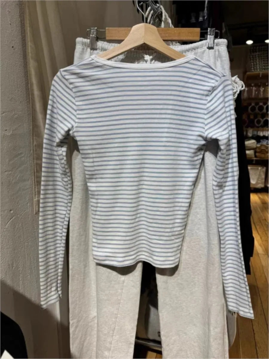 Sweet Blue Striped Long Sleeve T-shirt Women Autumn V-neck Cotton Slim Tee Tops Femme Vintage Streetwear Preppy Style Tshirt New