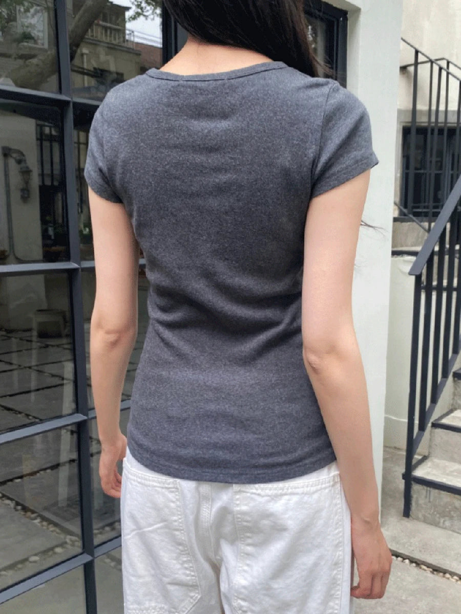 Dark Gray Lace Trim V-neck Short Sleeve Tee Women New Cotton Casual Simple Slim Tops Clothes Vintage Basic Preppy Style T-shirt