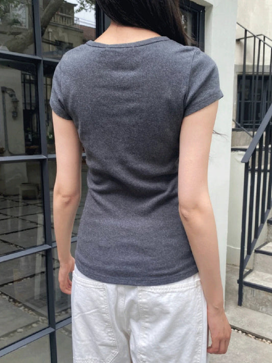 Dark Gray Lace Trim V-neck Short Sleeve Tee Women New Cotton Casual Simple Slim Tops Clothes Vintage Basic Preppy Style T-shirt