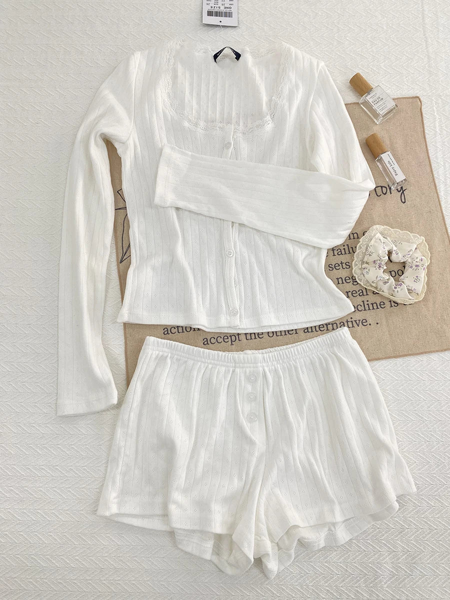 Sweet Eyelet Long Sleeve T-shirt Shorts Set Women Cotton Buttons Home Pajama 2 Piece Sets Slim Tees+Elastic Straight Sweatshort