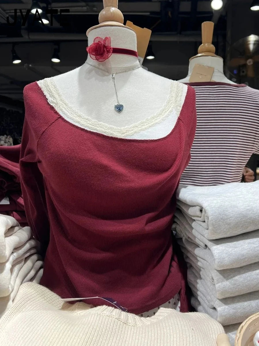 Fashion Red Sexy Slash Neck Crop Tops Women 2024 New Cotton Ribbed Harajuku Long Sleeve Tees Vintage Simple Basic T-shirts Y2K