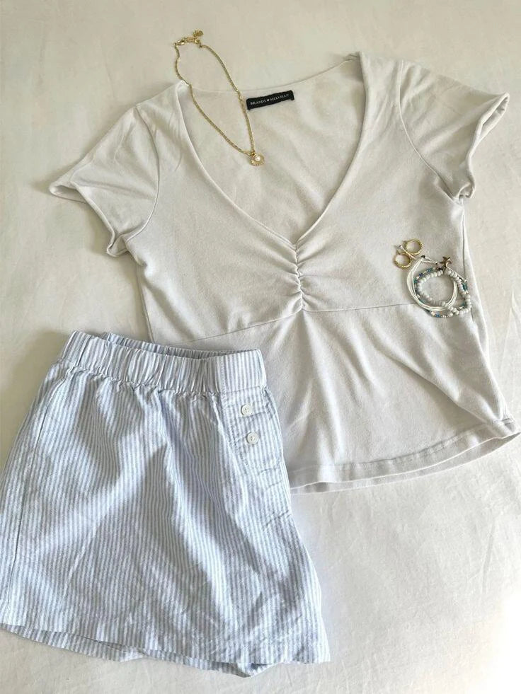 White V Neck T-shirts+little Bear Print Shorts Two Piece Set Cute Home 2 Piece Sets Women Outfit Vintage Cotton Slim Short Sets