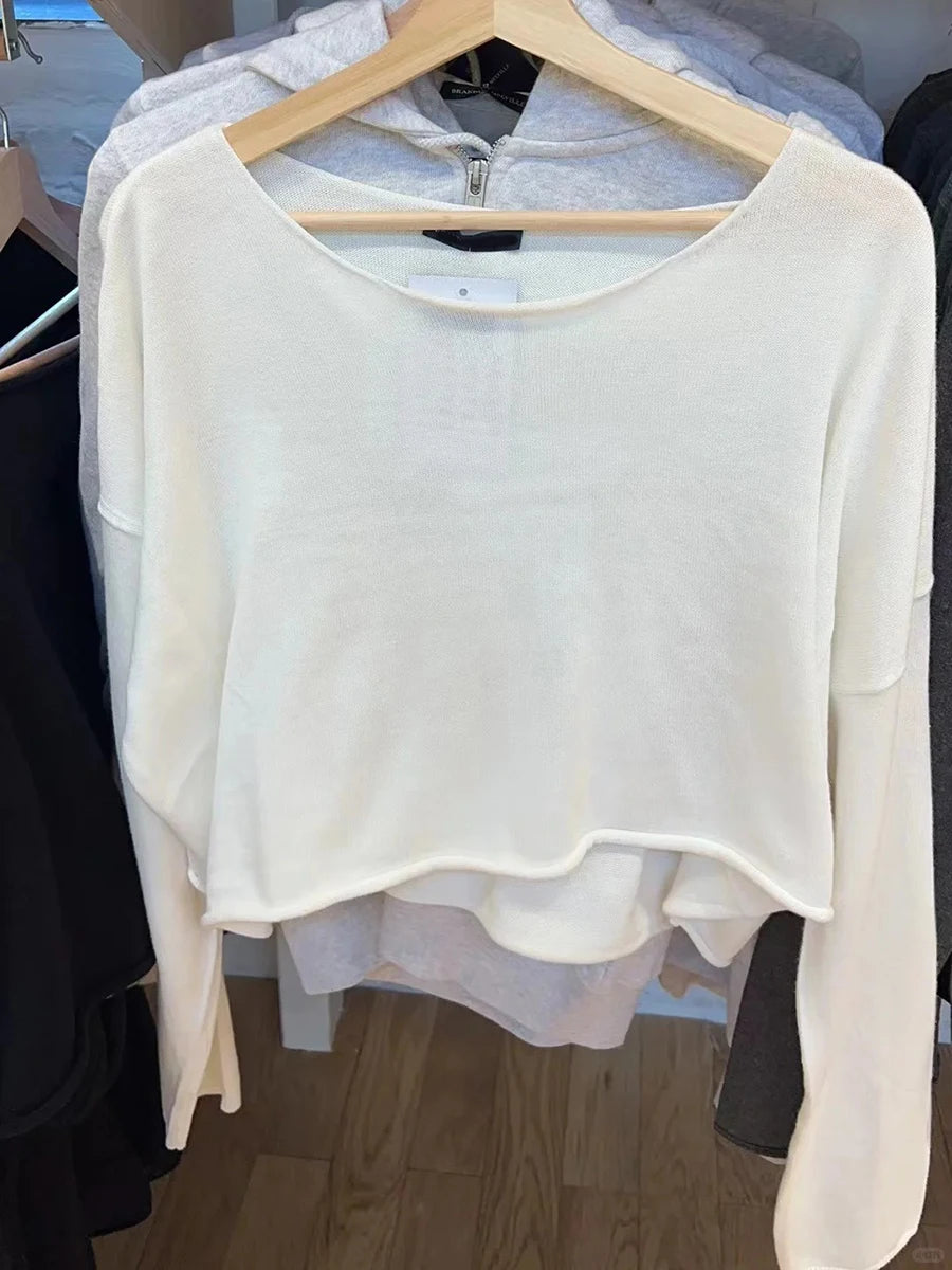 Gray Raw Trim Knit Cropped Sweater Women Scoop Neck Long Sleeve Cotton Loose Jumper Autumn Simple Sweet Oversized Crop Top Y2K
