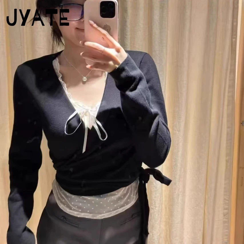 New Navy Lace-up Knitted Long Sleeve T-shirt Cardigan Women Autumn V-neck Casual Smock Wrap Tees American Vintage Crop Tops Y2K