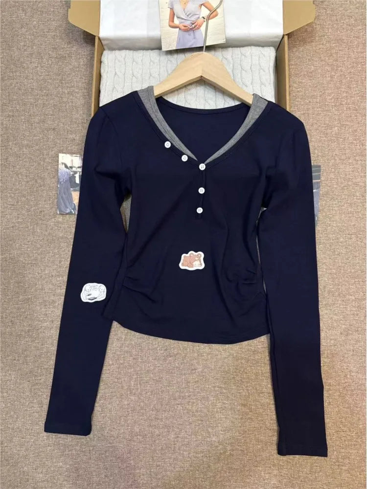 Navy Buttons V-neck T-shirts Women Autumn New Casual Cotton Slim Patchwork Long Sleeve Tees Fashion Chic Vintage Tshirt Y2K Tops