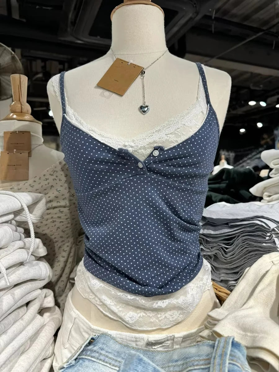 Red Polka Dot Two Button Cotton Tank Top Women New Casual Slim Sexy Lace Trim Cropped Vests Female Vintage Simple Chic Camis Y2K