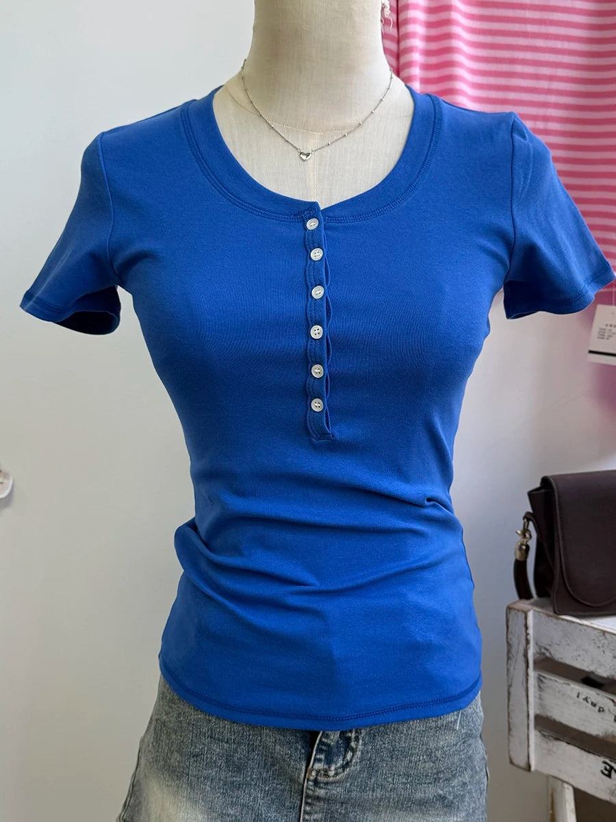 Sweet Six Buttons T-shirts Women Summer OrangeO-neck Cotton Slim Zelly Short Sleeve Tee Tops Casual Simple All-match Tshirts Y2K