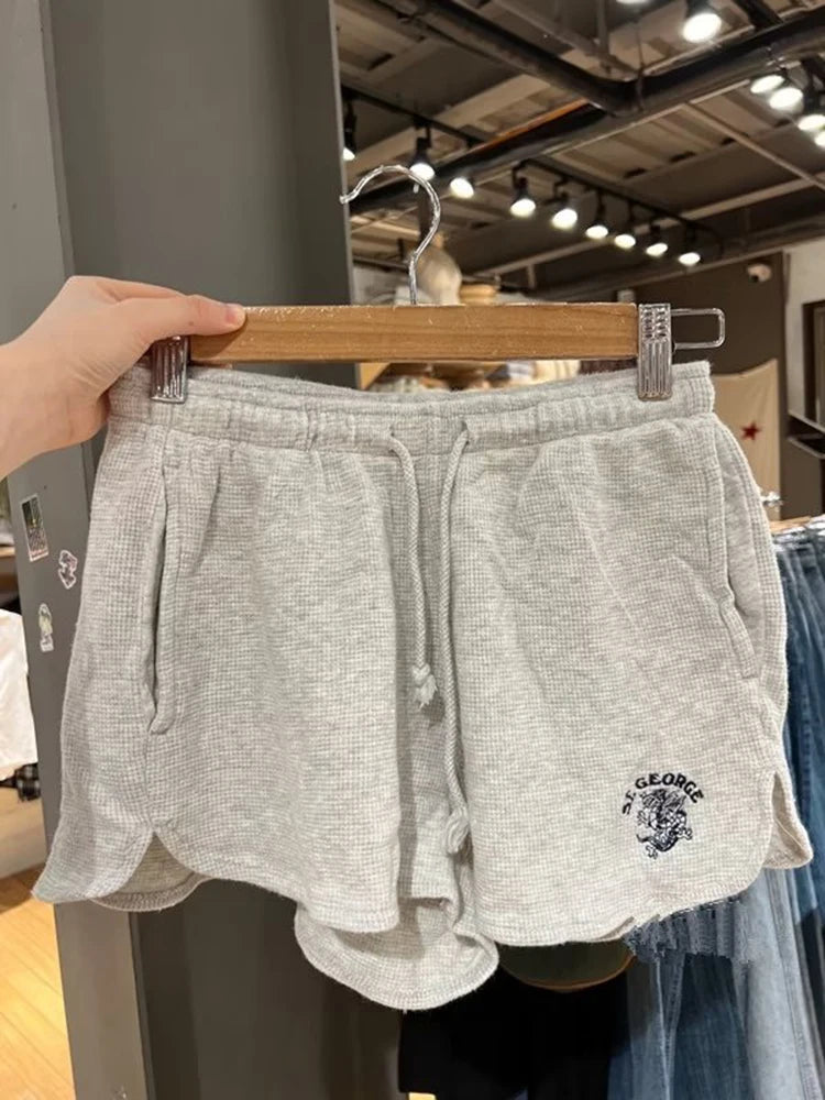 Retro Dragon Embroidery Gray Shorts Women Summer Waffle Lace-up Elastic High Waist Casual Sweatshorts Vintage Chic Y2K Bottoms