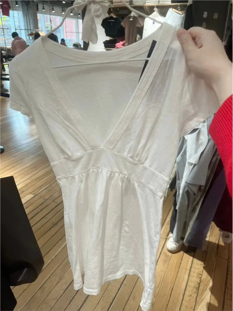 White Fold Long T-shirts Women Summer Sweet Deep V-neck Short Sleeve Slim Tee Shirts Casual Simple All-match Cotton Tshirt y2k
