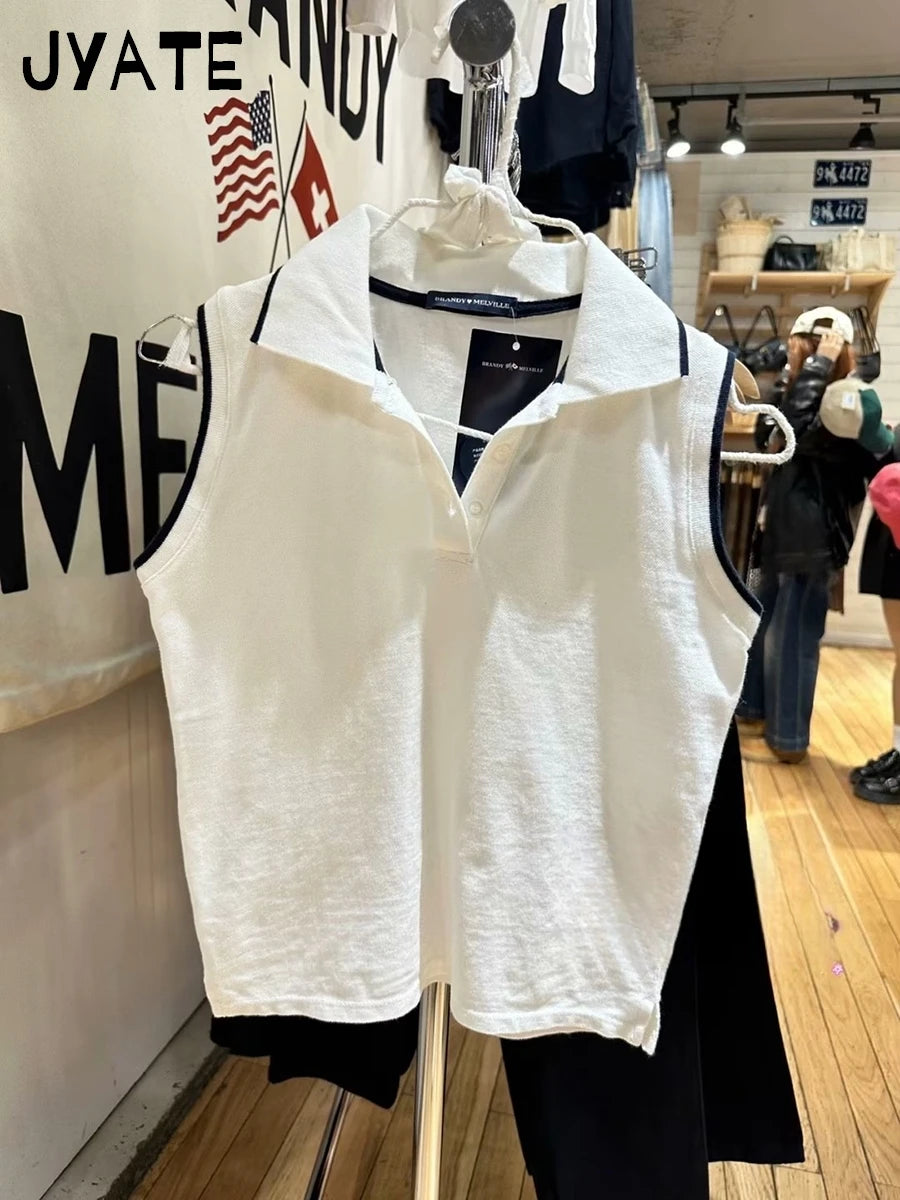 Vintage Turn Down Collar Buttons Tank Tops Women New Cotton Soft Patchwork Sleeveless Vests Chic Sweet Preppy Style Camisole Y2K