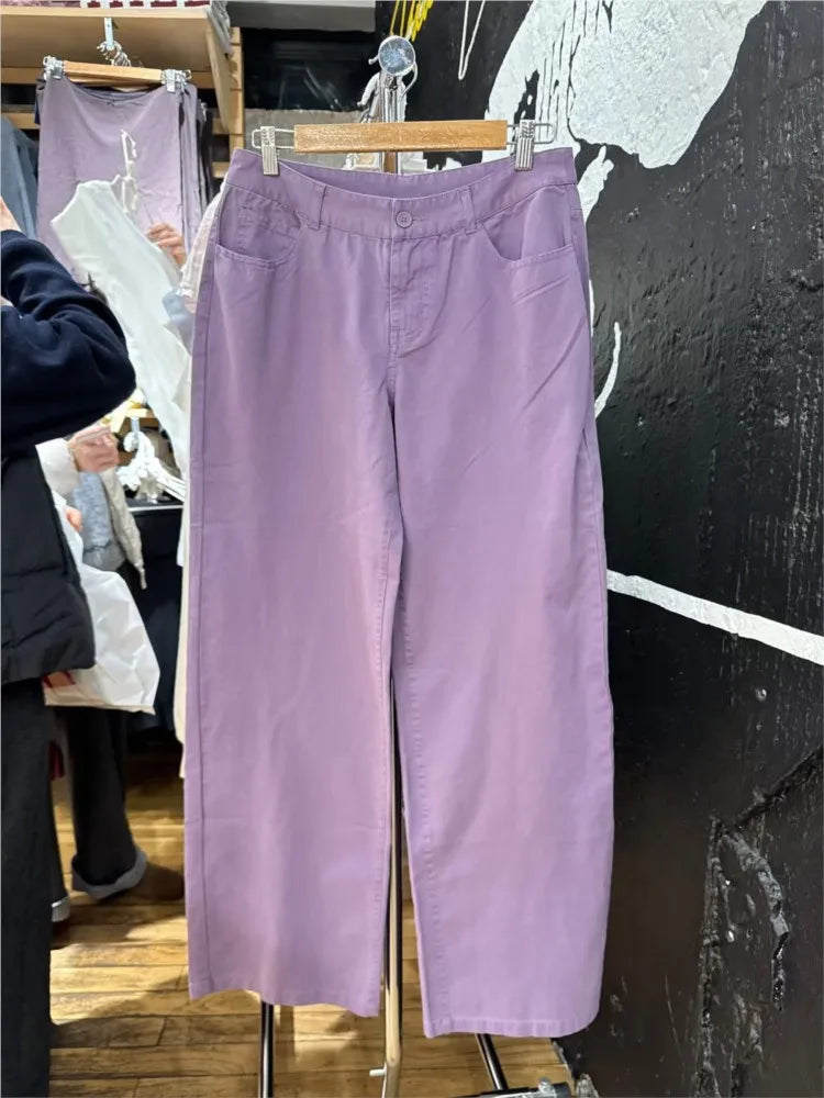 Purple Straight Jeans Women Casual Chic Streetwear Back Pockets Cotton Denim Long Pants Female Sweet Simple Trousers
