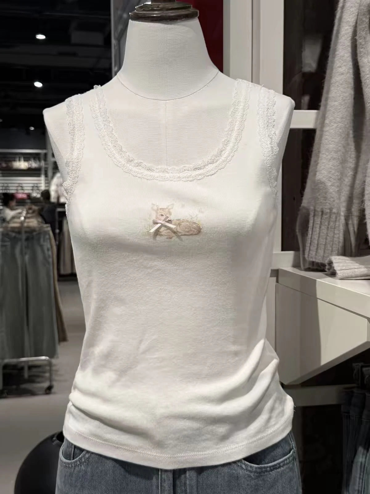 Cute Deer Bow Slim Tank Top Woman Summer Lace Trim U Collar Sleeveless Cotton Camisole Casual Sweet Preppy Style Crop Tops Y2K