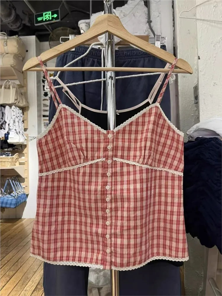 Pink Plaid Lace Trim Tank Tops Women Summer New Casual Cotton Sexy Slim Buttons Strapless Vests Sweet Vintage Cute Camisole Y2K