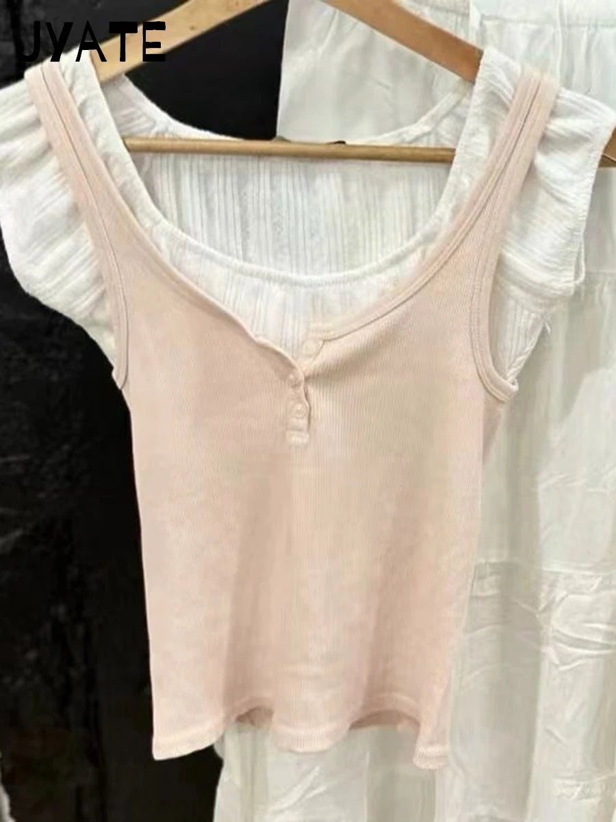 Sweet Pink Ribbed Cotton Tank Tops Women Summer New Casual Simple U Collar Slim Cropped Vests Vintage Chic Basic Camisole Y2K