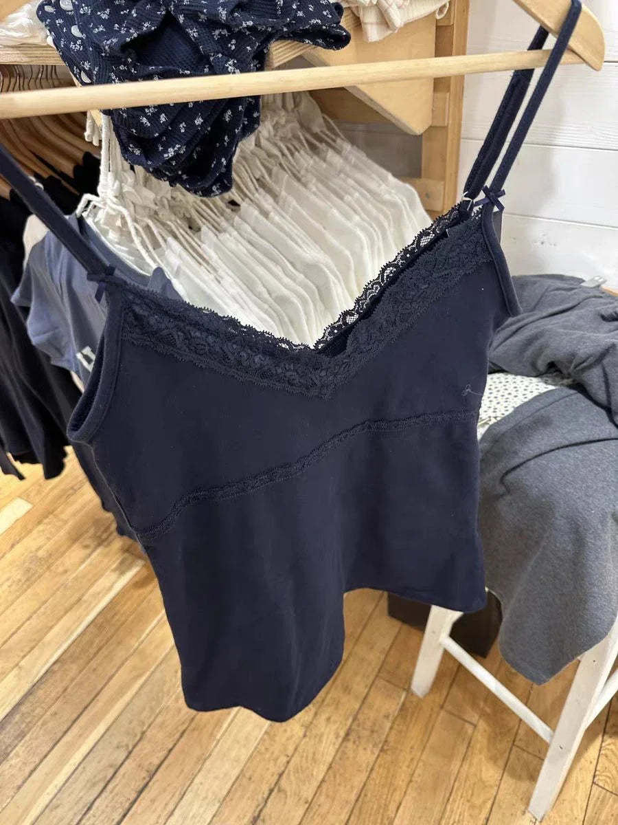 New Lace Trim Navy Slim Tank Tops Woman Summer Bow V-Neck Sleeveless Cotton Cropped Vest Casual Vintage Streetwear Crop Top Y2K