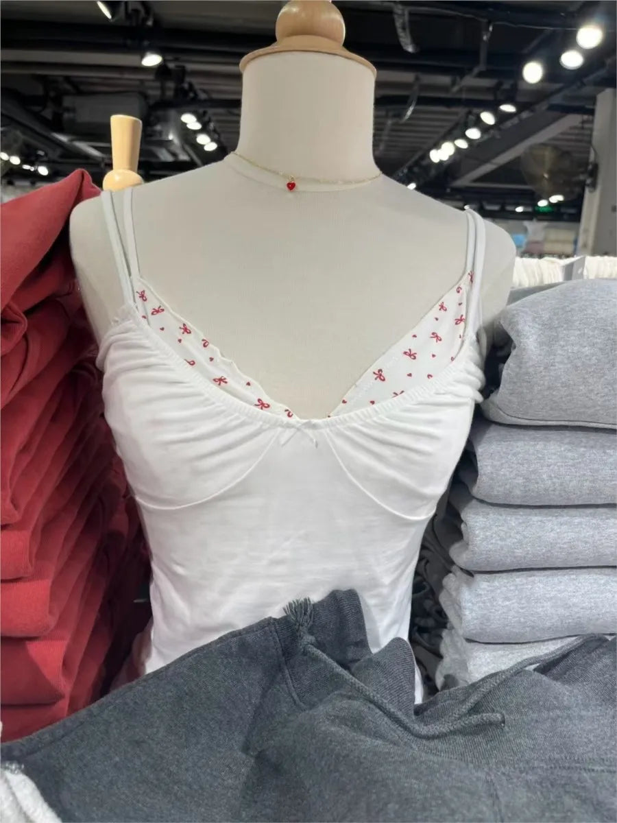 Bow V-neck Folds Tank Tops Women New Casual Slim White Adjustable Shoulder Strap Vests Vintage Sweet Preppy Style Camisole Y2K