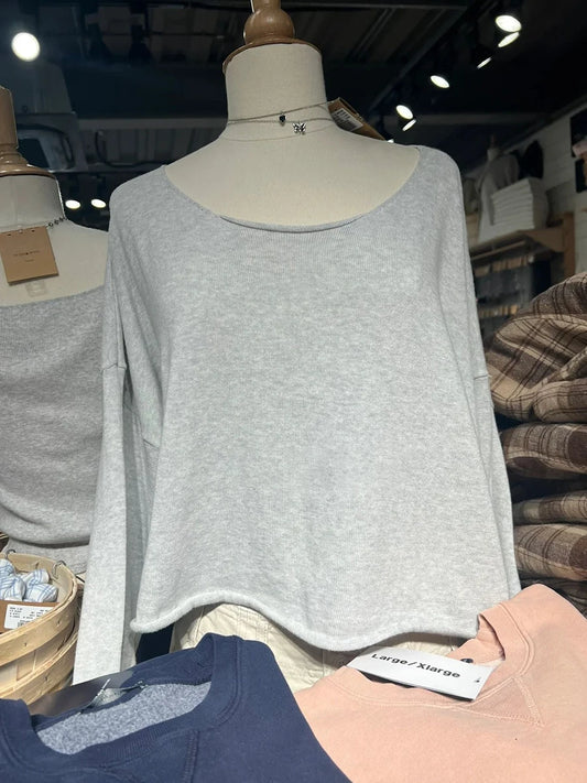 Gray Raw Trim Knit Cropped Sweater Women Scoop Neck Long Sleeve Cotton Loose Jumper Autumn Simple Sweet Oversized Crop Top Y2K