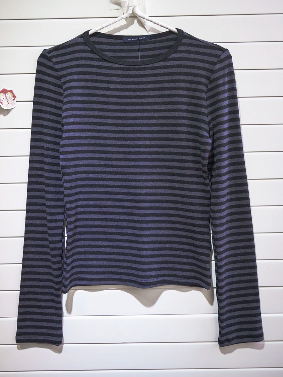 Striped Long Sleeve T-shirt Woman Spring New Y2K O-Neck Cotton Slim Tshirts Tops Female Vintage Cute Preppy Style Tee Shirts