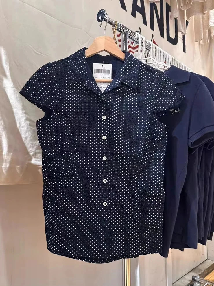 Retro Red Buttons Blouse Women Summer New Streetwear Lapel Short Sleeve Tees Sweet Vintage Cute Preppy Style T-shirts Y2K Tops