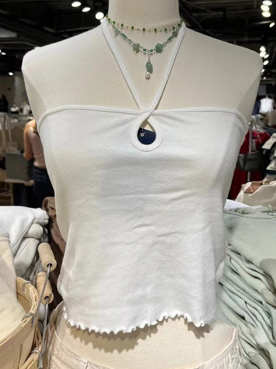 Sweet V-neck Halter Tank Tops Women Summer New All-match Sexy V-neck Slim Camisole Casual Vintage Preppy Style Cute Crop Top Y2K