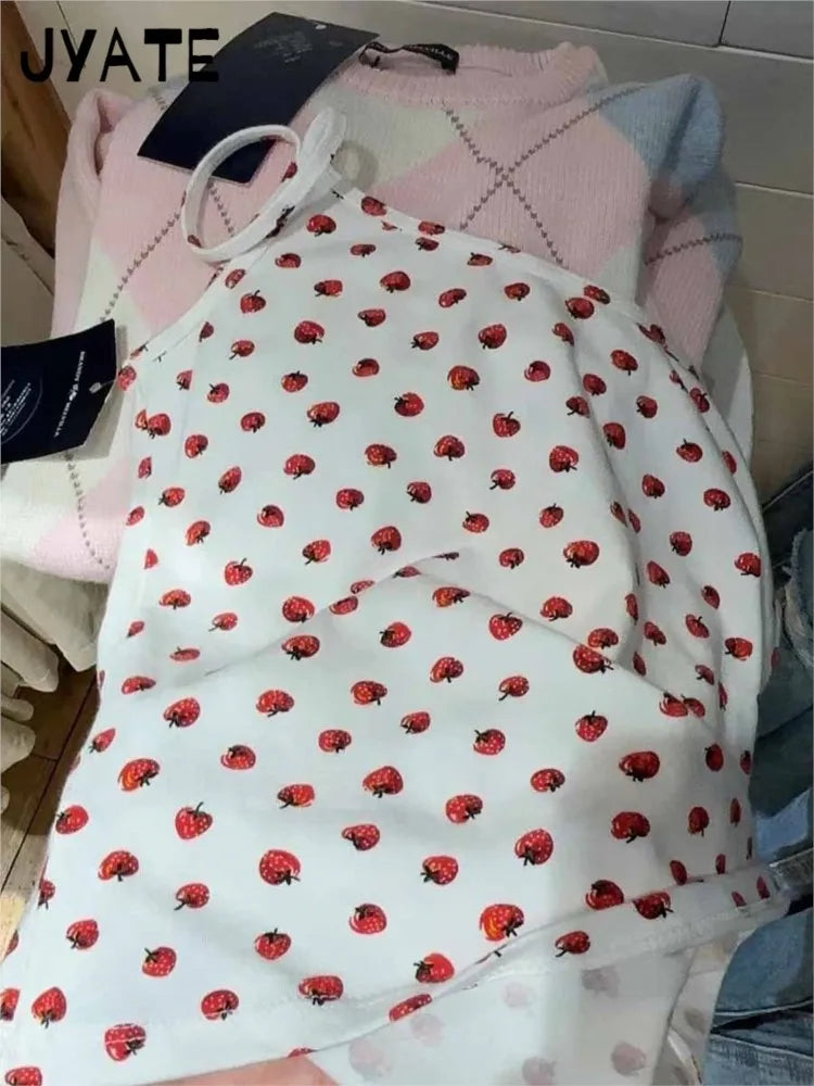 Women's New Strawberry Print Tank Tops Summer Cotton Simple Streetwear Casual Slim Sleeveless Vests Sweet Cute Vintage Camis Y2K