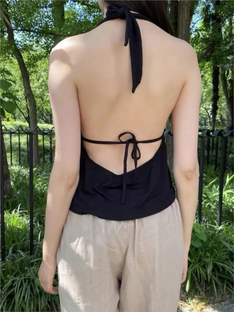 Black Sexy Lace-up Halter Slim Crop Top Woman Summer Cotton Deep V-neck Backless Sleeveless Vests Casual Simple Y2K Camisole New